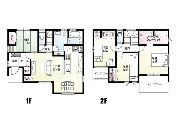 間取り図 久喜市鷲宮（全10区画）D号棟　間取図 17.4帖のLDKはキッチン側から洗面室→階段へ続く廊下→リビングへの動線が確保されたプランになっています。各部屋の収納も充実しています。