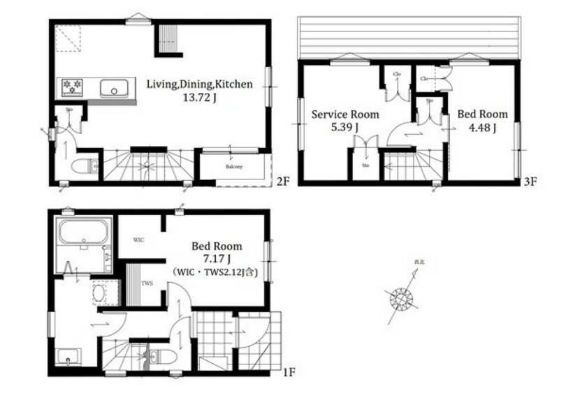 間取り図 1号棟: 家族の集まる2階リビングはLDKと居住スペースの階層を分けているためプライバシーにも配慮浴室は広々とした1坪サイズのためでゆったりとお寛ぎいただけます
