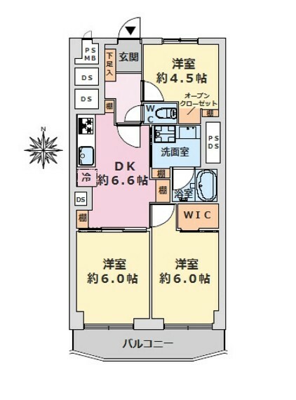 ■6階建て4階部分の南向き住戸■専有面積:53.38平米の3DK＋WIC付き
