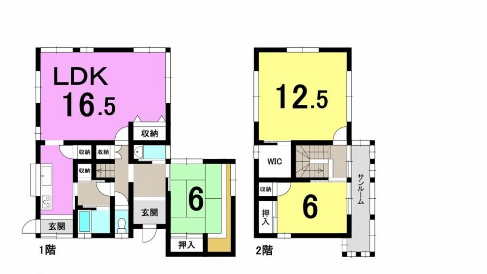 間取り図 ■3SLDK ■建物面積延:108.93平米（32.95坪）、1階:67.53平米、2階:41.40平米