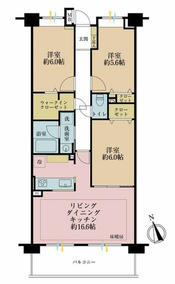 間取り図 3LDK、専有面積77.94平米、バルコニー面積12.00平米