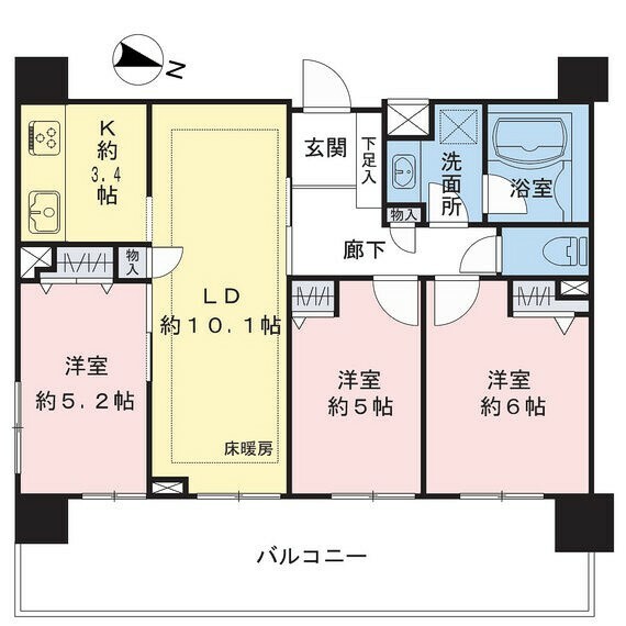 間取り図 地上4階部分、約66.18m2の3LDKタイプです。全室約5帖以上ありゆったり暮らせます。