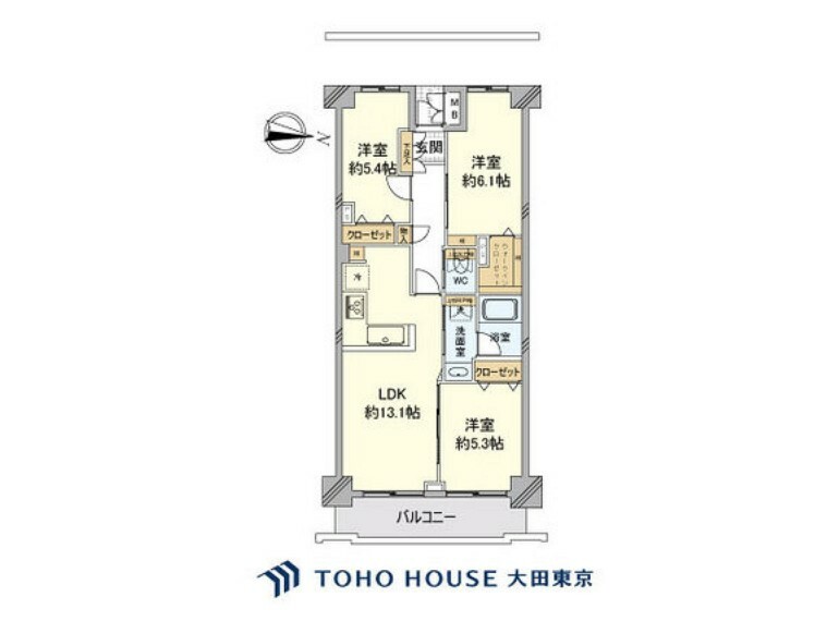 間取り図 3LDK、専有面積66.03m2、バルコニー面積7.66m2