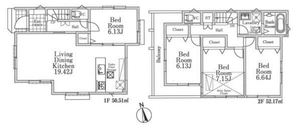 間取り図 ファミリー向け4LDK。1階6.13帖洋室は、子育てスペースとしても、趣味のお部屋としても活躍しそう。2階には荷物の収納に便利な小屋裏収納も。