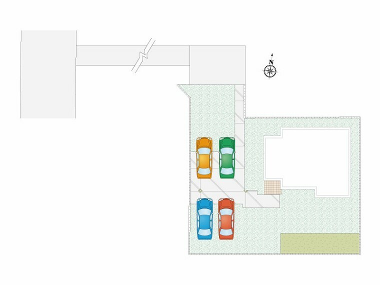 区画図 久喜市鷲宮（全10区画）E号棟　区画図 駐車スペースは4台分あります。建物南側も隣地境界まで約6mありますので日当たり良好です！