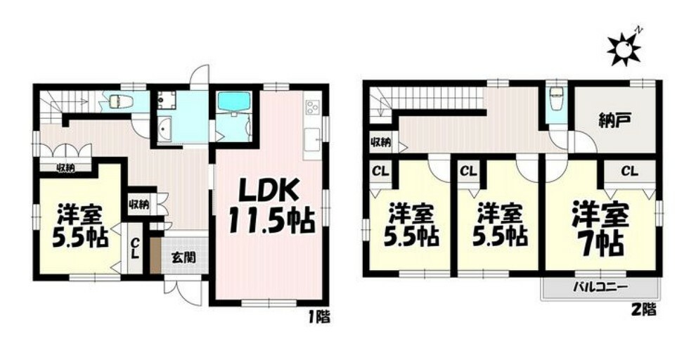 間取り図 4SLDK 全室南東向き、日当たり良好 広い納戸があり季節の収納などに便利、窓付でお部屋としての利用もできます 他にも全居室収納や廊下など収納豊富