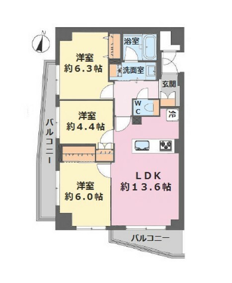 間取り図 ■9階建て6階部分の南×西角住戸で陽当り良好■専有面積:67.55平米の3LDK