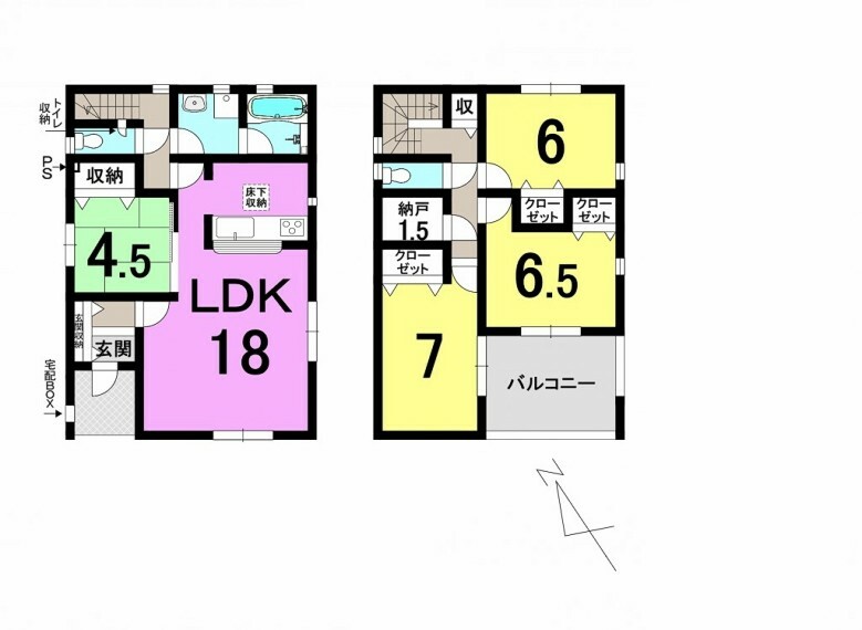 間取り図 ■4SLDK ■建物面積延:110.16平米（33.32坪）、1階:53.46平米、2階:56.70平米