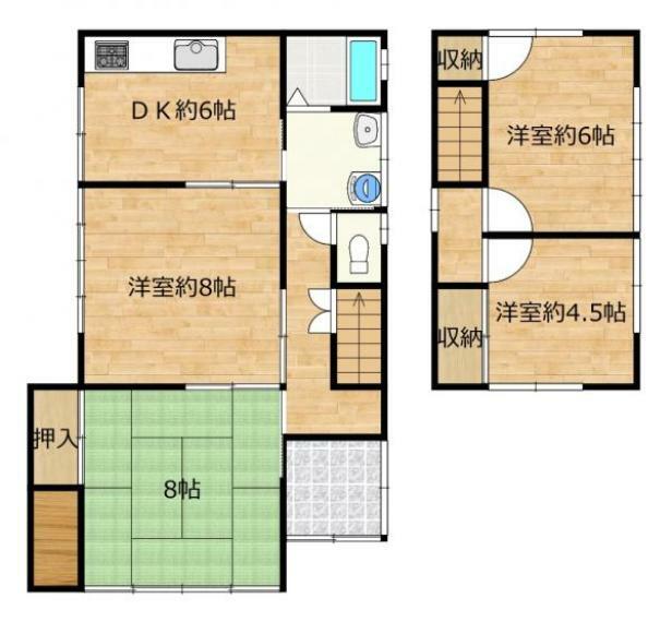 【リフォーム中】コンパクトな4DK間取り図。もともとある一階の和室8畳を洋室8畳に変更します。1階、2階に収納スペースがあるのも良いですね。