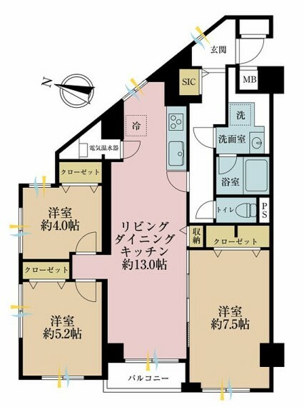 間取り図 3LDK、専有面積74.27平米、バルコニー面積2.42平米