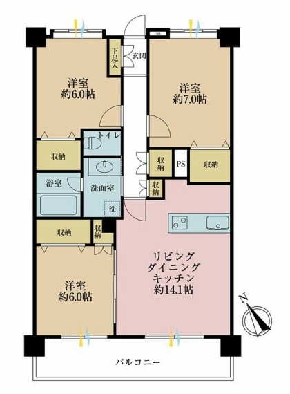 間取り図 3LDK、専有面積75.04平米、バルコニー面積10.72平米