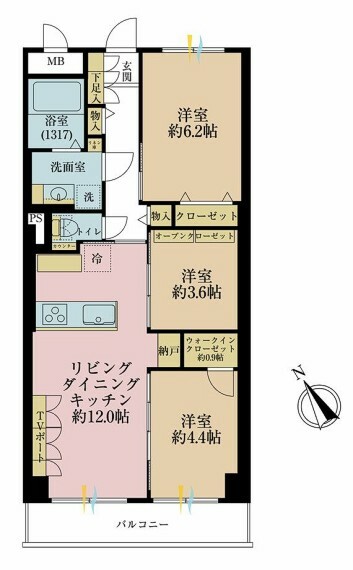 間取り図 3LDK、専有面積63.7平米、バルコニー面積5.6平米