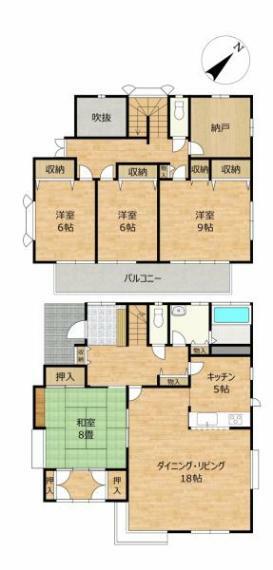【間取図】4LDKの木造2階建てのお家です。各部屋に収納があるので、部屋を広く使える間取りになっています。