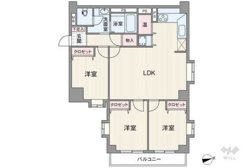 間取り図 全居室洋室仕様のプラン。個室3部屋中2部屋はLDKを通って出入りする造りで、その2部屋がバルコニーに面しています。バルコニー面積は5.94平米。トイレは洗面室内に配置されています。