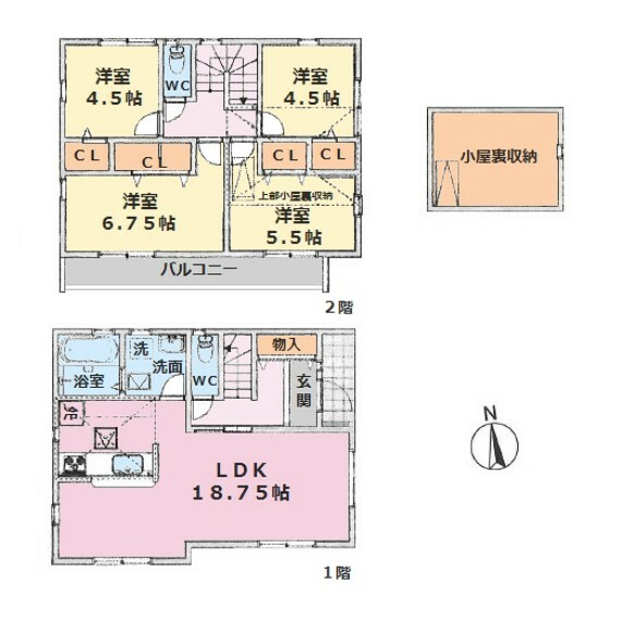 間取り図 ■建物面積:93.95平米2階建て4LDK＋小屋裏収納付き新築戸建
