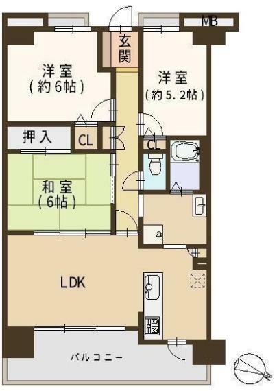 間取り図 間取 8階建ての2階部分、東向きバルコニー