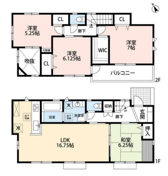 間取り図 全居室、南向き。和室の含んだ4LDKで、土地面積が51坪以上なので、お部屋はゆったり設計です。