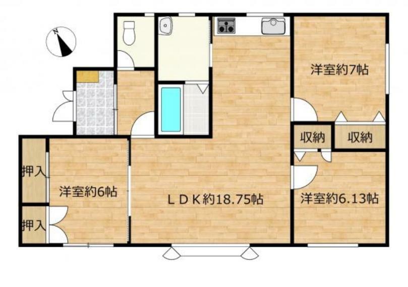 間取り図 【間取り】間取りは3LDKの平家建てです。洋室3部屋となります。各居室収納スペース付きなのでお部屋を広くお使いいただけるお家です。