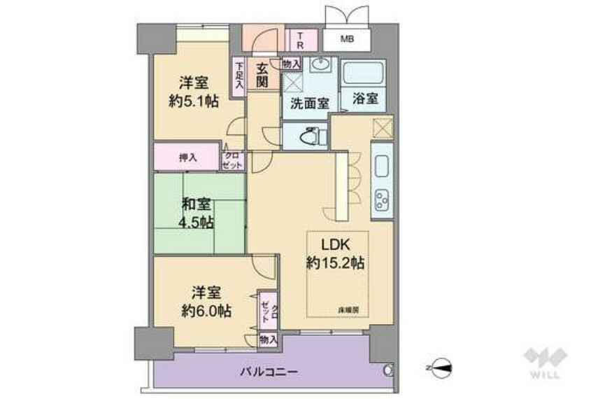 間取り図 間取りは専有面積65.02平米の3LDK。室内廊下が短く居住スペースを広く確保したプラン。個室2部屋へはLDKを通ってアクセスする造りです。和室は襖を開放してLDKの延長としても使用可能。