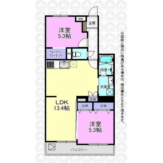 間取り図 各居室に窓のある明るい2LDKの間取です。