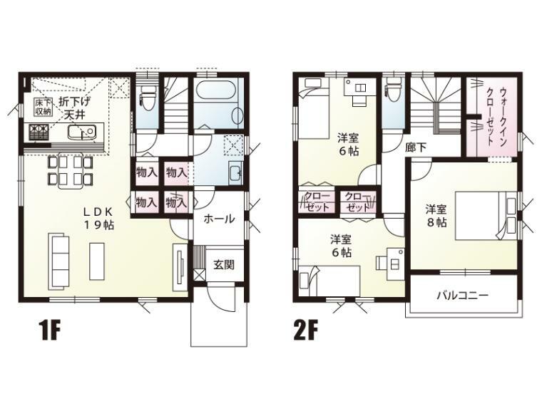 間取り図 玄関ホールから洗面室、リビング両方に行きやすく中央にまとめられた使い勝手の良い各方向からの収納スペースもついています。LDKは広々19帖！ゆとりのあるスペースで毎日の生活も楽しめます。