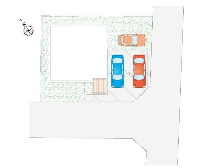 区画図 東側4m幅、南側4.5m幅の道路に面している南東角地です！車は3台駐車が可能です。