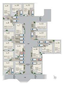 【区画図】<BR/>JR武蔵野線「新座」駅徒歩8～9分！約115m2～124m2超のゆとりある区画を活かし、総17邸の美しい街並みが誕生します。こだわりの動線や住宅性能、洗練された設備仕様による快適な新生活を。