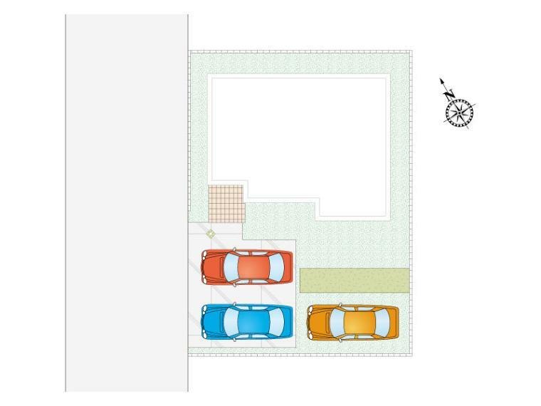 区画図 F号棟～並列駐車2台とプラス1台、計3台の駐車が可能です。南側にはお庭もあるのでちょっとしたガーデニングも楽しめます。