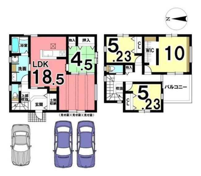 1階は和室を合わせて23帖の大きな空間。キッチンと玄関側の2か所から洗面へ出入りできる便利な間取りです