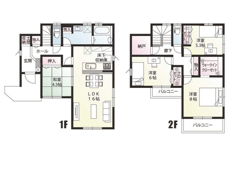 間取り図 《B号棟　間取図》各部屋に収納スペースがあり、主寝室には大きめのWICもありますので収納には困りません！