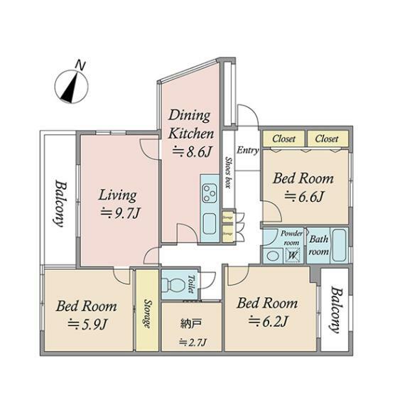 3階部分・南西向き！86m2超のゆとりのある3LDKのお部屋です。約2.7帖の納戸があり収納も豊富