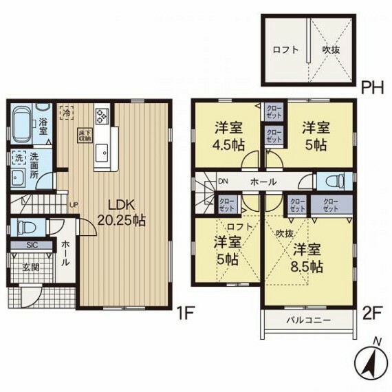 間取り図 20帖超のLDKに8.5帖の主寝室がありなどゆとりある間取りでファミリーにお勧めの住宅です。