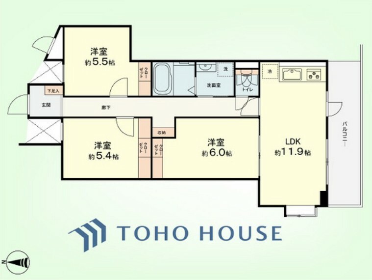 間取り図 3LDK　専有面積68.85平米、バルコニー面積9.45平米