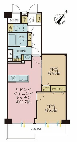 間取り図 2LDK、専有面積54.32平米、バルコニー面積6.62平米