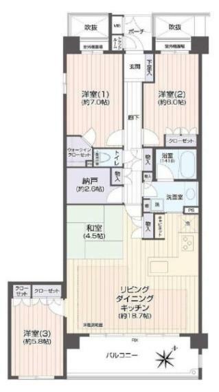 間取り図 新規内装リフォーム物件（令和6年3月）。きれいな室内で快適な新生活をスタートできます。角部屋につき日当たり、通風良好です。