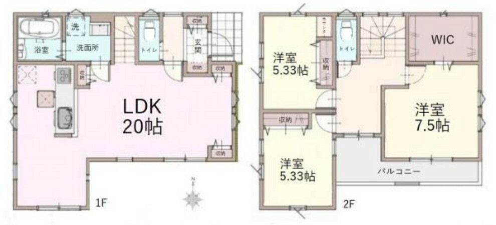 間取り図 建物面積:95.84平米、全室2面採光3LDK
