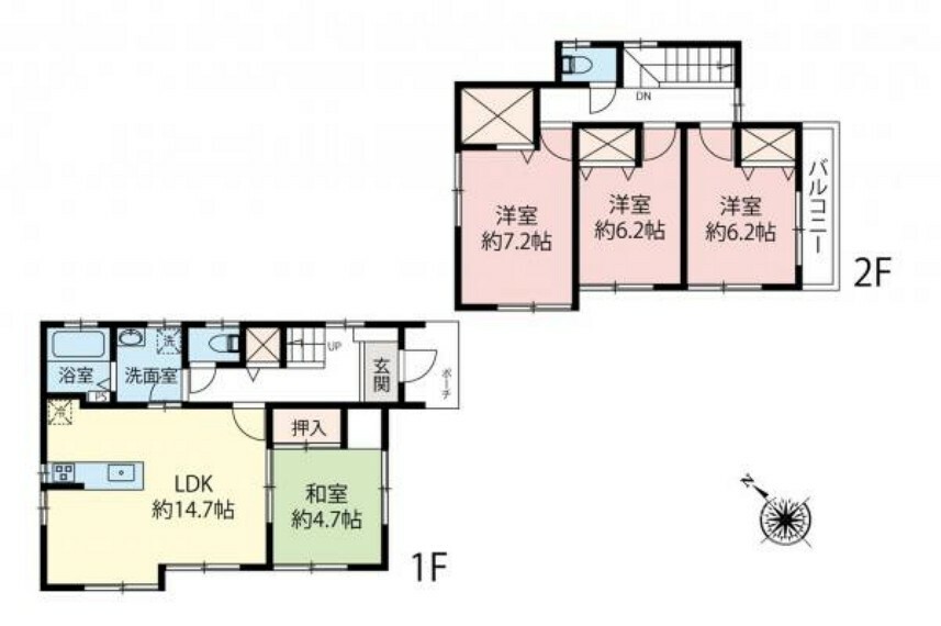 間取り図 間取図/4LDK、LDK約14.7帖、全室南西向き、南東向きバルコニー。2階居室は各室6帖以上の快適な広さがございます。