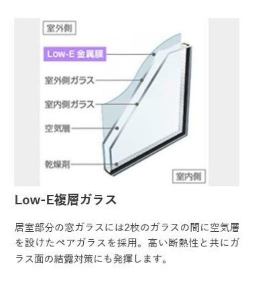 構造・工法・仕様 窓ガラスには2枚のガラスの間に空気層を設けたペアガラスを採用。高い断熱性と共にガラス面の結露対策にも効果があります