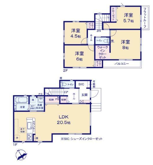 間取り図 土地55.14坪　建物32.56坪　LDK広々20帖　大型WIC完備