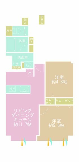 間取り図 2LDK、専有面積54.32m2、バルコニー面積6.62m2