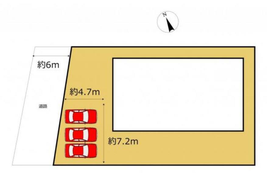 【区画図】駐車3台可能。前面道路が6mあるので駐車もしやすいです。