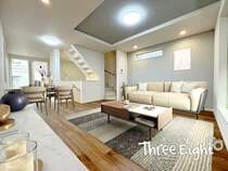 【LDK 家具配置イメージ】床色が濃い茶色なので、シックな色の家具が合いそうです。家族でゆったりとくつろげる広さがいいですね ※家具はCGイメージです