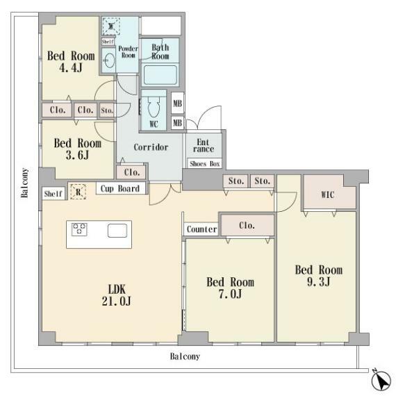 間取り図 5階部分の南西角部屋です　ワイドバルコニー　アイランドキッチン　LDK21帖　主寝室9.3帖　ウォークインクロゼット　全室フローリング　ペット飼育可能　新規スケルトンリフォーム済み　アフターサービス付き