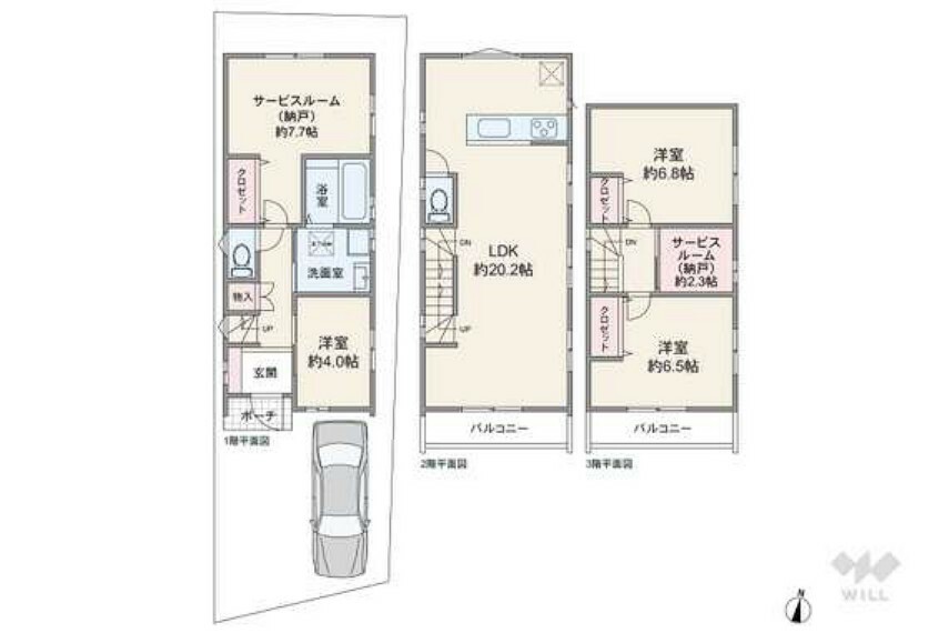 間取り図 間取りは延床面積104.74平米の3SLDK。