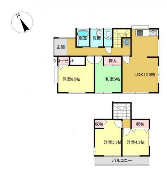 間取り図 【間取り図】4DKの住宅です。1階に居室が二部屋あります。お客様用のお部屋として一部屋使うことができますね。