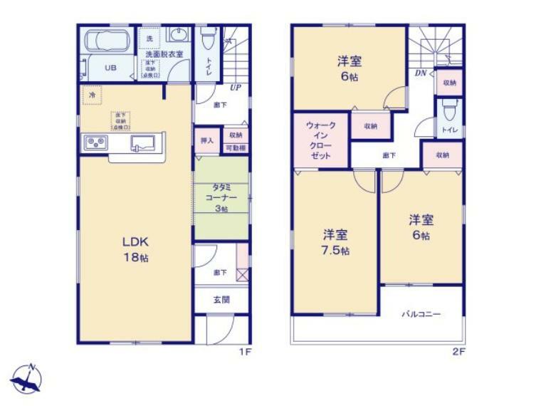 間取り図 畳コーナー3帖はお子様のプレイスペースとしても。 2階3部屋は全室6帖以上のゆとりある間取りでご家族それぞれのお時間も大切に出来ます。