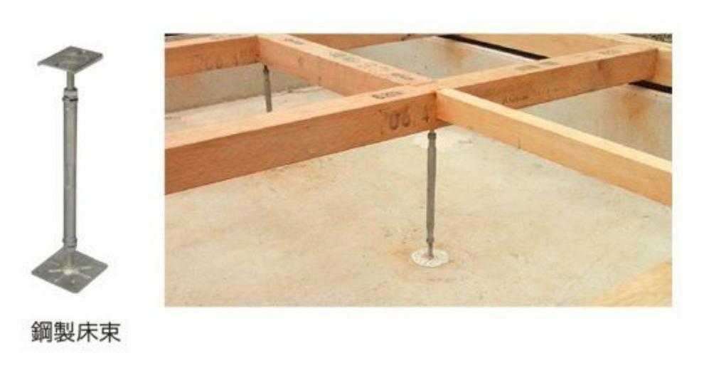 構造・工法・仕様 腐食に強い「鋼製床束」で床を力強く支持建物の床を支える「床束」と呼ばれる支持材に、サビやシロアリを寄せ付けない鋼製の床束を採用しています。従来品に比べ信頼性が高く、安心の強度で床の荷重を支えます。