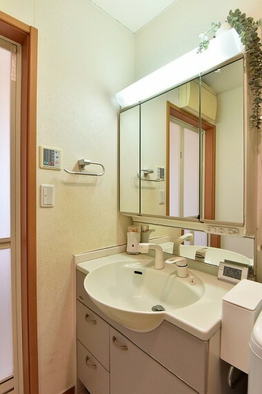 三面鏡裏収納付きのシャンプードレッサーがございます。お掃除や洗髪にも便利なシャワー付き。