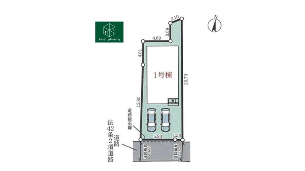 区画図 前面道路は3.2m。 並列駐車で2台分の駐車スペースがございます。