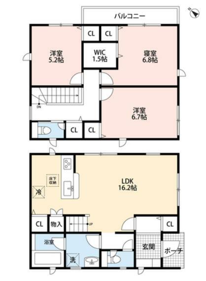 間取り図 ウォークインクローゼット・キッチン横収納・廊下収納あり＾＾ リビング階段になっているので、家族と顔を合わせる機会が増え、ご家族との距離がグッと縮まります。